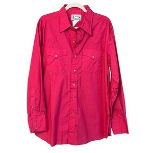 H Bar C Pearl Snap Button Down Shirt Hot Pink Size 16 1/2 34 Western Ranch VTG